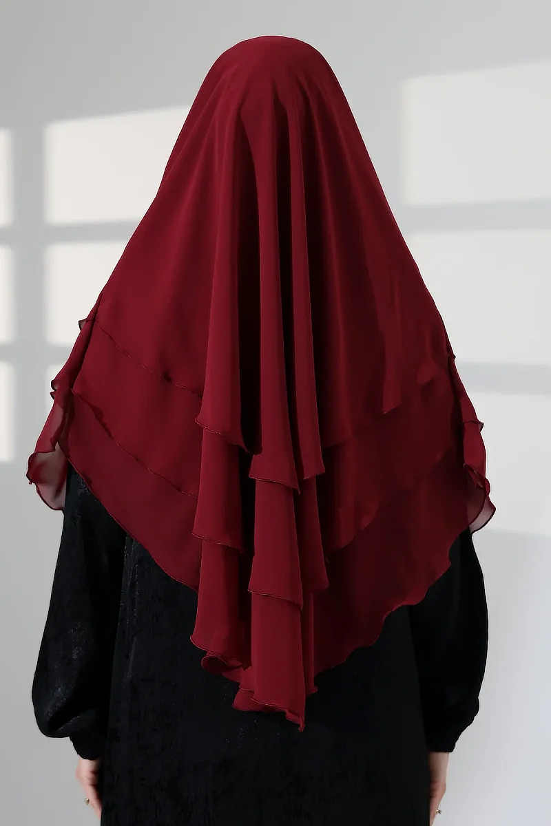 Tesettür Şifon Peçeli Üç Katlı Oval Sufle Khimar, Pratik Hijab Şal - Bordo (ZN1704) - 8