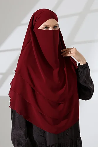 Şifon Peçeli Üç Katlı Oval Sufle Khimar, Pratik Hijab Şal - Bordo (ZN1704) 