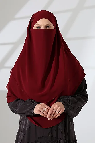 Şifon Peçeli Üç Katlı Oval Sufle Khimar, Pratik Hijab Şal - Bordo (ZN1704) - 3