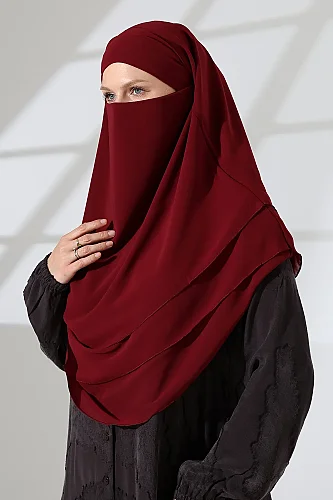 Şifon Peçeli Üç Katlı Oval Sufle Khimar, Pratik Hijab Şal - Bordo (ZN1704) - 5