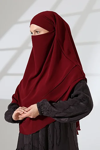 Şifon Peçeli Üç Katlı Oval Sufle Khimar, Pratik Hijab Şal - Bordo (ZN1704) - 6