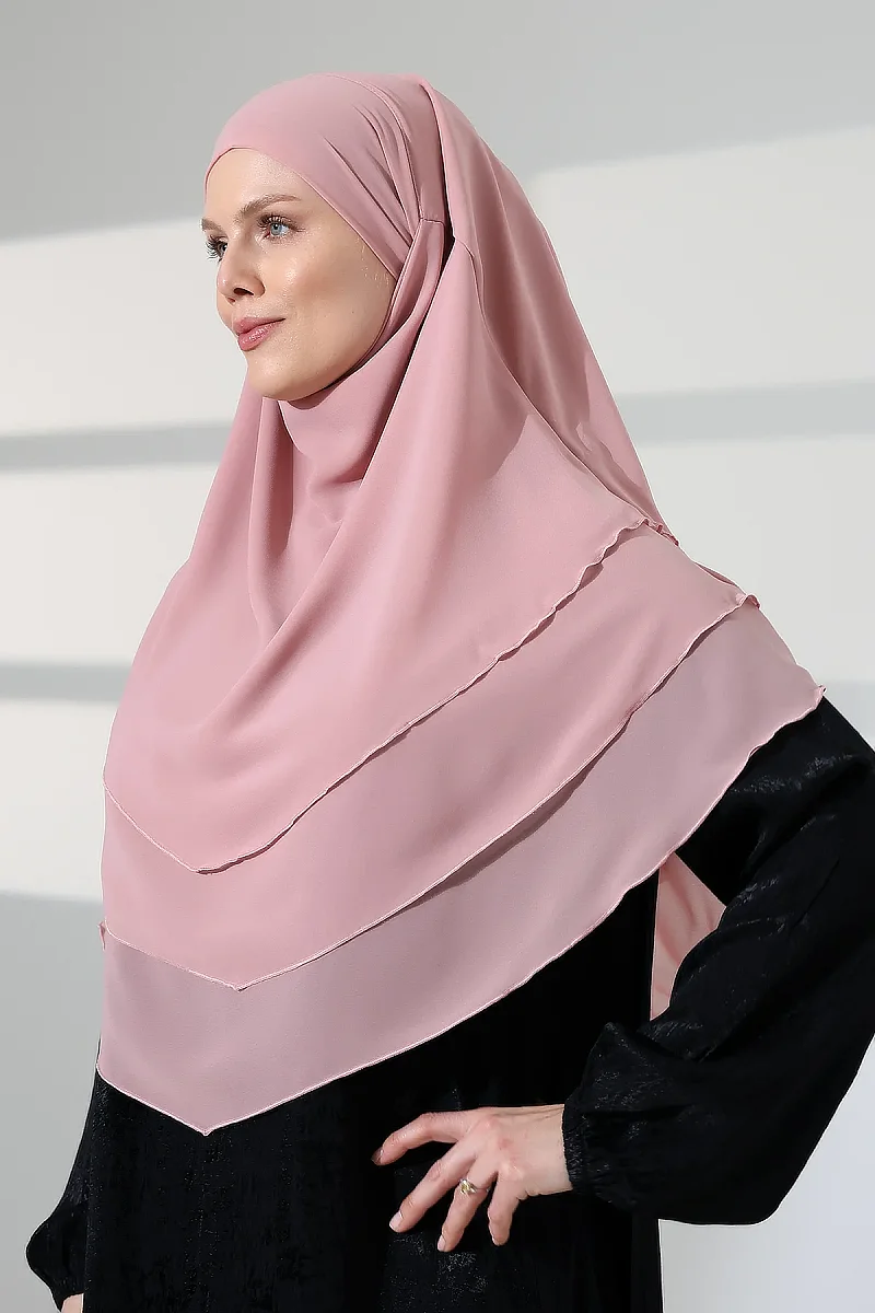 Tesettür Şifon Peçeli Üç Katlı Oval Sufle Khimar, Pratik Hijab Şal - Pembe (ZN1704) - 4