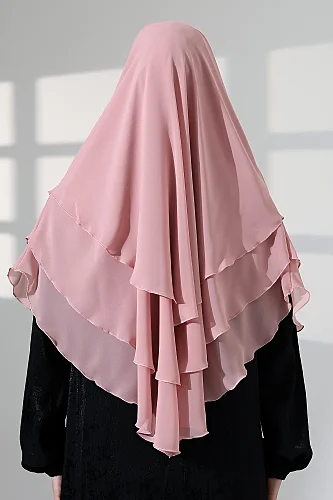 Tesettür Şifon Peçeli Üç Katlı Oval Sufle Khimar, Pratik Hijab Şal - Pembe (ZN1704) - 8