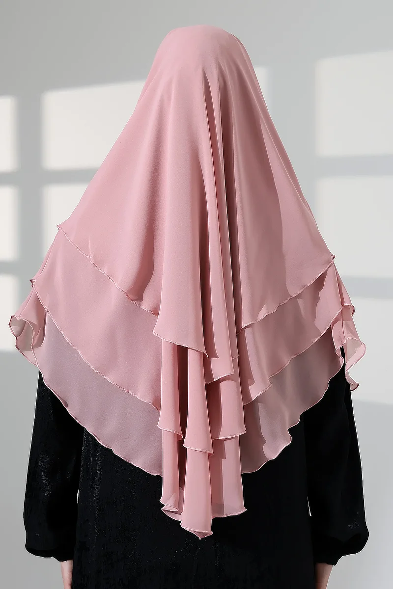 Tesettür Şifon Peçeli Üç Katlı Oval Sufle Khimar, Pratik Hijab Şal - Pembe (ZN1704) - 8