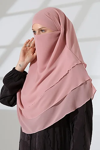 Şifon Peçeli Üç Katlı Oval Sufle Khimar, Pratik Hijab Şal - Pembe (ZN1704) - 3