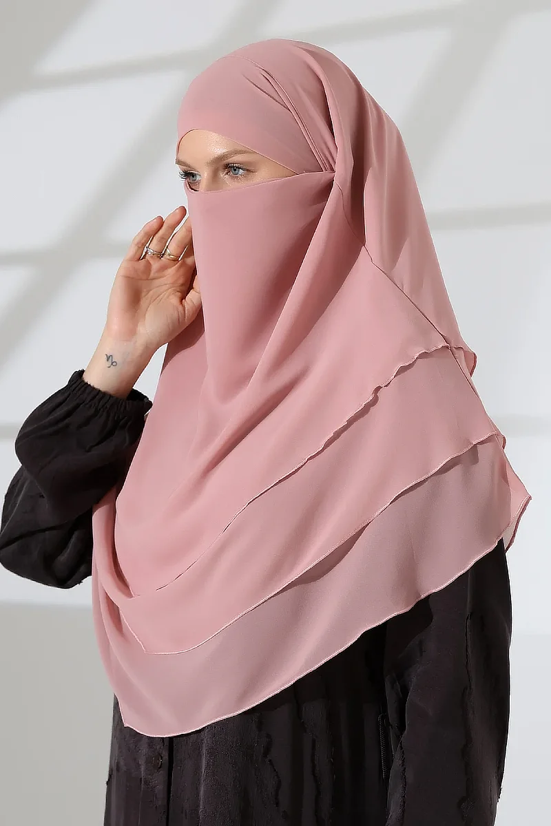 Şifon Peçeli Üç Katlı Oval Sufle Khimar, Pratik Hijab Şal - Pembe (ZN1704) - 3