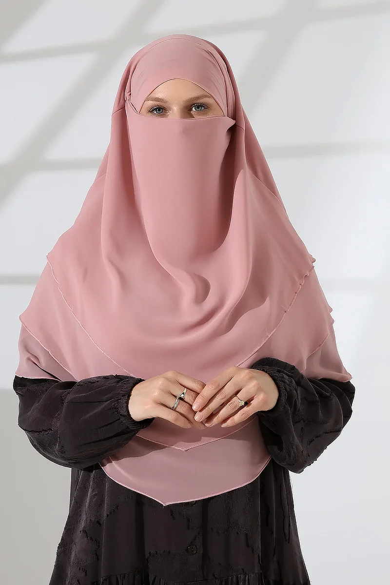 Şifon Peçeli Üç Katlı Oval Sufle Khimar, Pratik Hijab Şal - Pembe (ZN1704) - 4