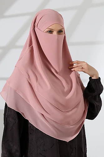 Şifon Peçeli Üç Katlı Oval Sufle Khimar, Pratik Hijab Şal - Pembe (ZN1704) 