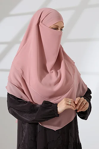Şifon Peçeli Üç Katlı Oval Sufle Khimar, Pratik Hijab Şal - Pembe (ZN1704) - 6