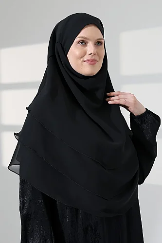 Şifon Peçeli Üç Katlı Oval Sufle Khimar, Pratik Hijab Şal - Siyah (ZN1704) - 7