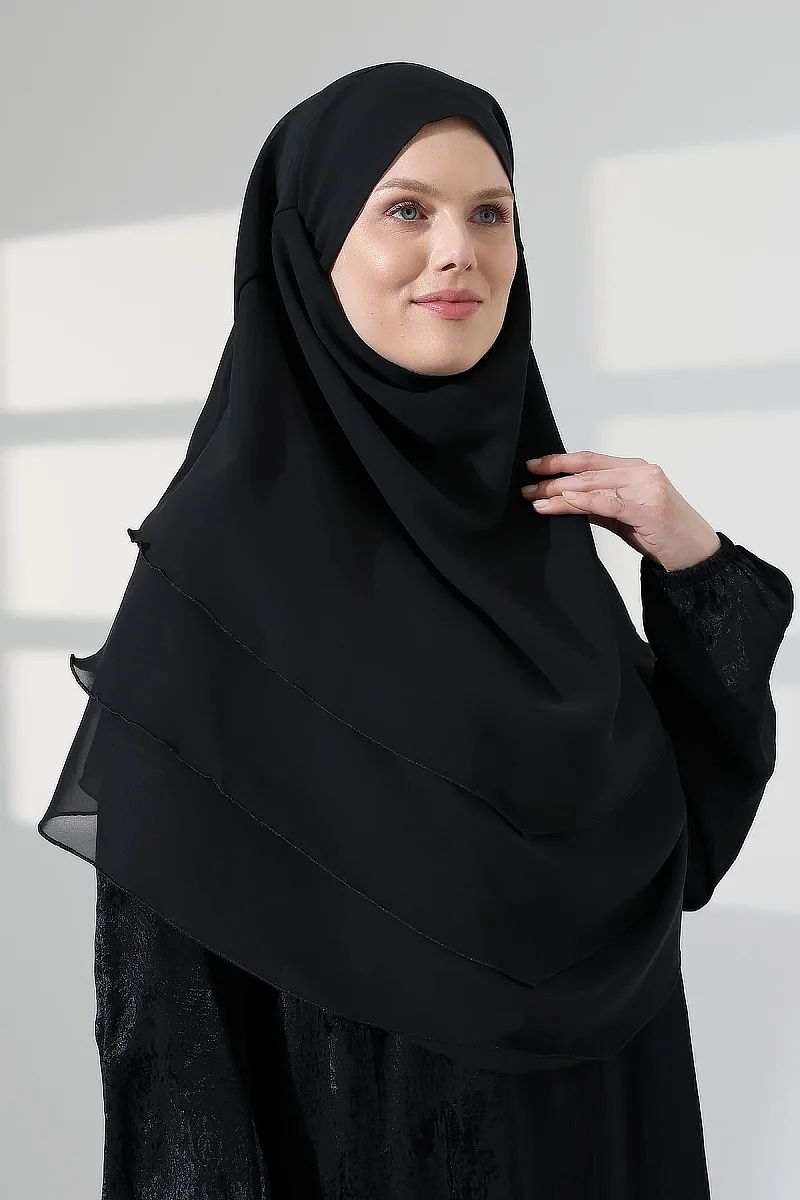 Şifon Peçeli Üç Katlı Oval Sufle Khimar, Pratik Hijab Şal - Siyah (ZN1704) - 7