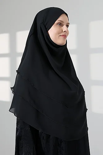 Şifon Peçeli Üç Katlı Oval Sufle Khimar, Pratik Hijab Şal - Siyah (ZN1704) - 8