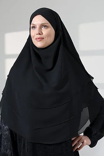 Şifon Peçeli Üç Katlı Oval Sufle Khimar, Pratik Hijab Şal - Siyah (ZN1704) - 10