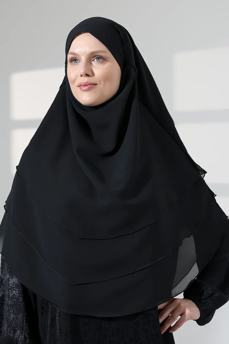 Şifon Peçeli Üç Katlı Oval Sufle Khimar, Pratik Hijab Şal - Siyah (ZN1704) - 10