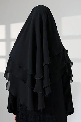 Şifon Peçeli Üç Katlı Oval Sufle Khimar, Pratik Hijab Şal - Siyah (ZN1704) - 11