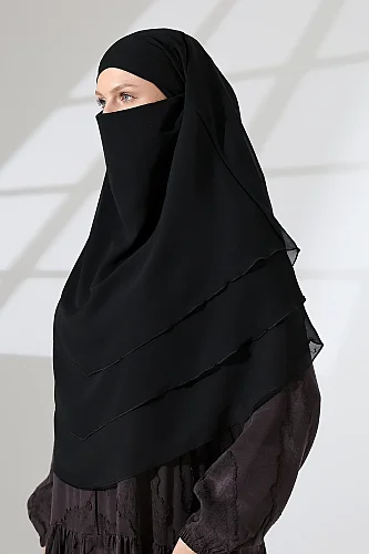 Şifon Peçeli Üç Katlı Oval Sufle Khimar, Pratik Hijab Şal - Siyah (ZN1704) - 3