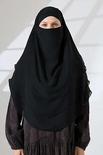 Şifon Peçeli Üç Katlı Oval Sufle Khimar, Pratik Hijab Şal - Siyah (ZN1704) - 4