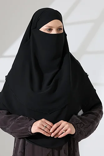 Şifon Peçeli Üç Katlı Oval Sufle Khimar, Pratik Hijab Şal - Siyah (ZN1704) 