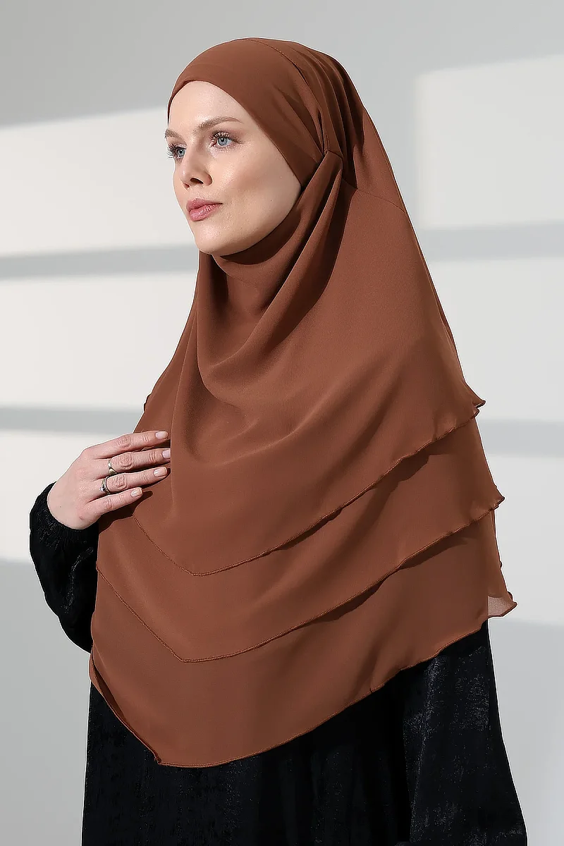 Tesettür Şifon Peçeli Üç Katlı Oval Sufle Khimar, Pratik Hijab Şal - Açık Kahve (ZN1704) - 3