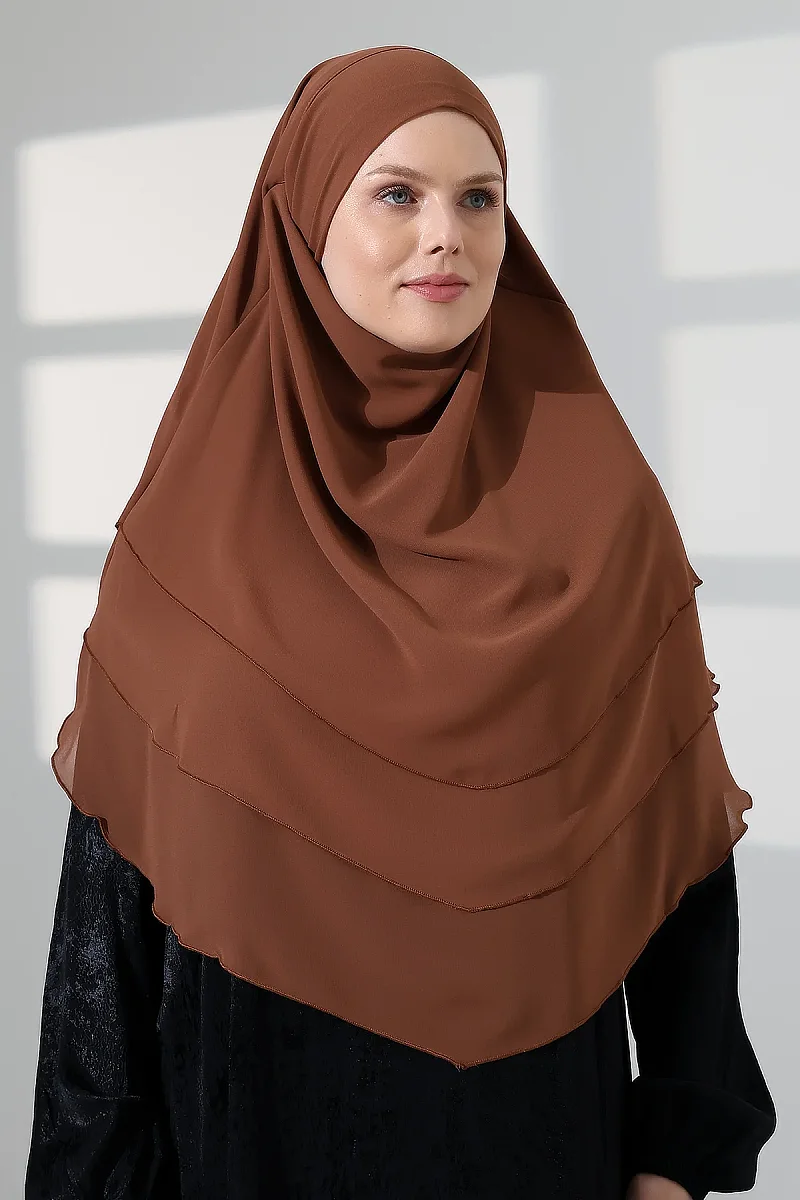 Tesettür Şifon Peçeli Üç Katlı Oval Sufle Khimar, Pratik Hijab Şal - Açık Kahve (ZN1704) - 2