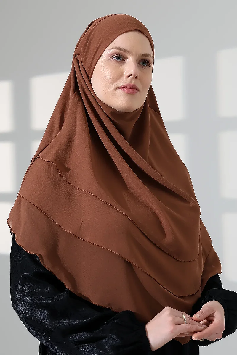 Tesettür Şifon Peçeli Üç Katlı Oval Sufle Khimar, Pratik Hijab Şal - Açık Kahve (ZN1704) - 4