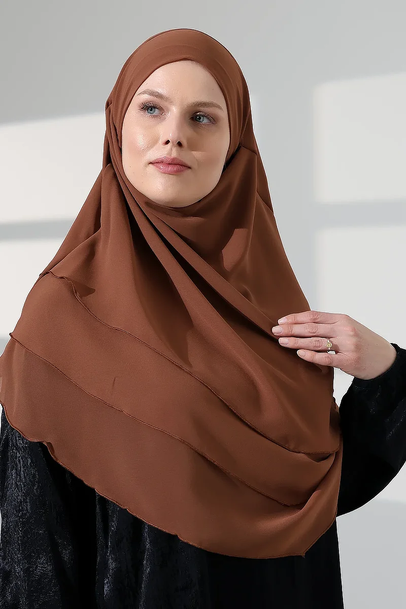 Tesettür Şifon Peçeli Üç Katlı Oval Sufle Khimar, Pratik Hijab Şal - Açık Kahve (ZN1704) - 5