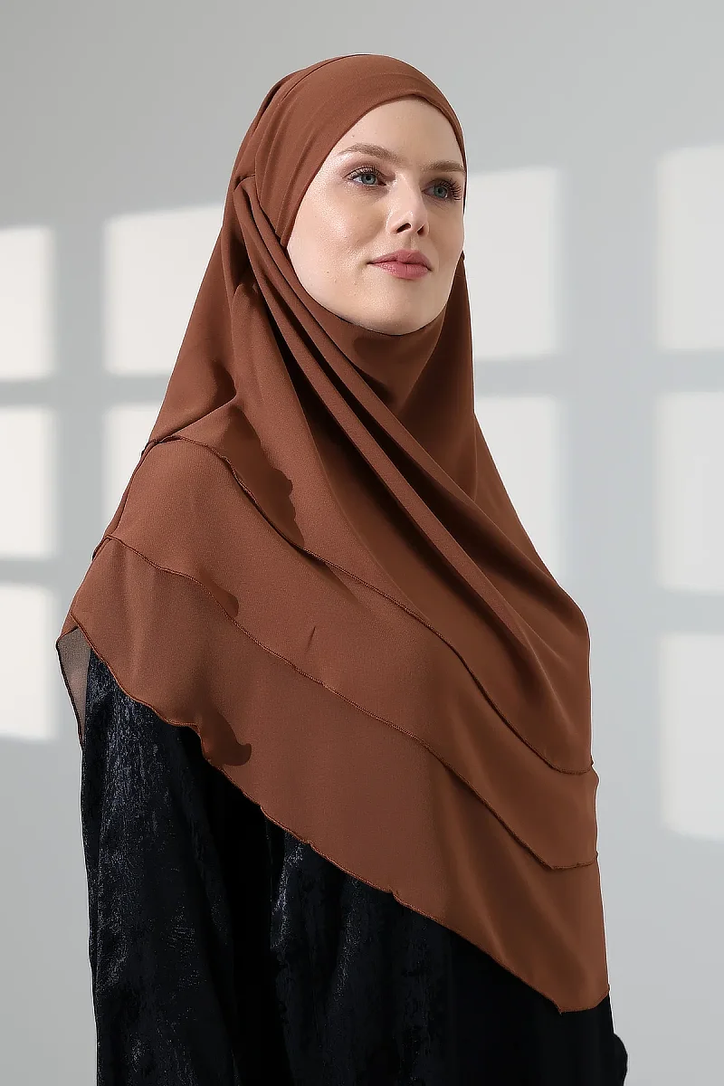 Tesettür Şifon Peçeli Üç Katlı Oval Sufle Khimar, Pratik Hijab Şal - Açık Kahve (ZN1704) - 6