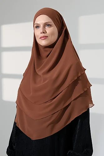 Tesettür Şifon Peçeli Üç Katlı Oval Sufle Khimar, Pratik Hijab Şal - Açık Kahve (ZN1704) - 7