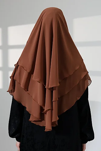 Tesettür Şifon Peçeli Üç Katlı Oval Sufle Khimar, Pratik Hijab Şal - Açık Kahve (ZN1704) - 8