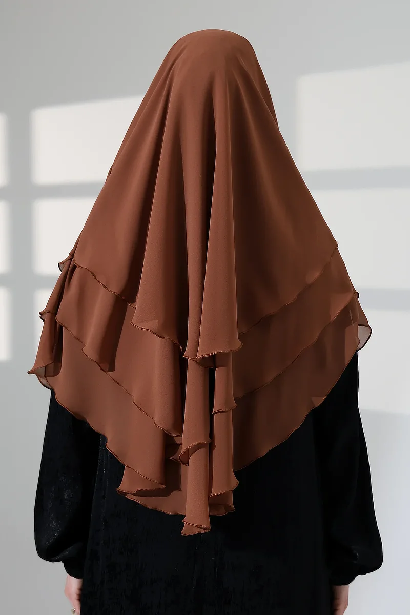 Tesettür Şifon Peçeli Üç Katlı Oval Sufle Khimar, Pratik Hijab Şal - Açık Kahve (ZN1704) - 8