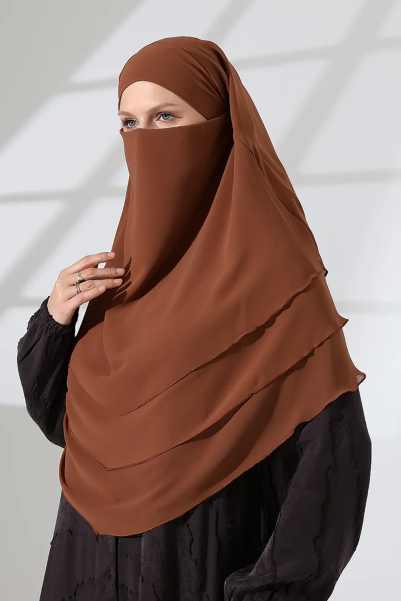 Şifon Peçeli Üç Katlı Oval Sufle Khimar, Pratik Hijab Şal - Açık Kahve (ZN1704) - 3