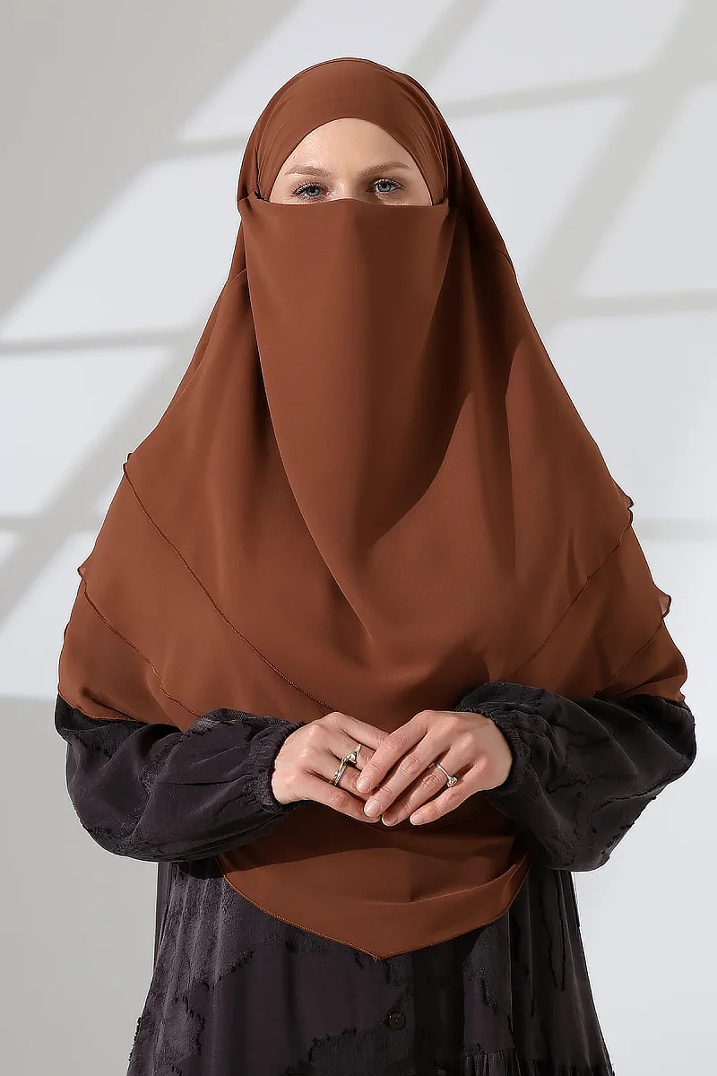 Şifon Peçeli Üç Katlı Oval Sufle Khimar, Pratik Hijab Şal - Açık Kahve (ZN1704) - 4