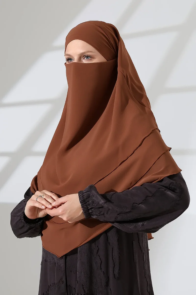 Şifon Peçeli Üç Katlı Oval Sufle Khimar, Pratik Hijab Şal - Açık Kahve (ZN1704) - 7