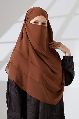 Şifon Peçeli Üç Katlı Oval Sufle Khimar, Pratik Hijab Şal - Açık Kahve (ZN1704) 