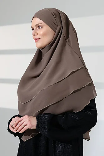 Tesettür Şifon Peçeli Üç Katlı Oval Sufle Khimar, Pratik Hijab Şal - Vizon (ZN1704) - ihvanonline (1)