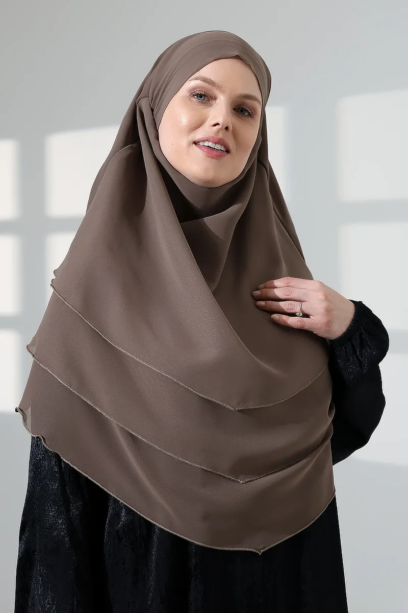 Tesettür Şifon Peçeli Üç Katlı Oval Sufle Khimar, Pratik Hijab Şal - Vizon (ZN1704) - 1