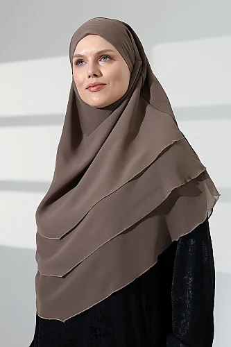 Tesettür Şifon Peçeli Üç Katlı Oval Sufle Khimar, Pratik Hijab Şal - Vizon (ZN1704) - 4