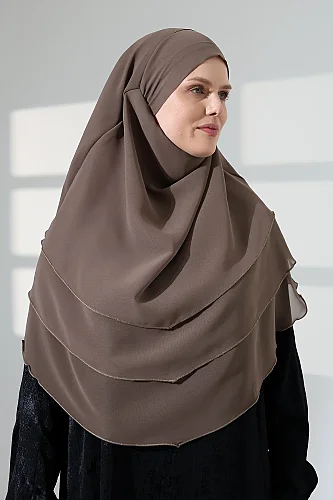 Tesettür Şifon Peçeli Üç Katlı Oval Sufle Khimar, Pratik Hijab Şal - Vizon (ZN1704) - 5