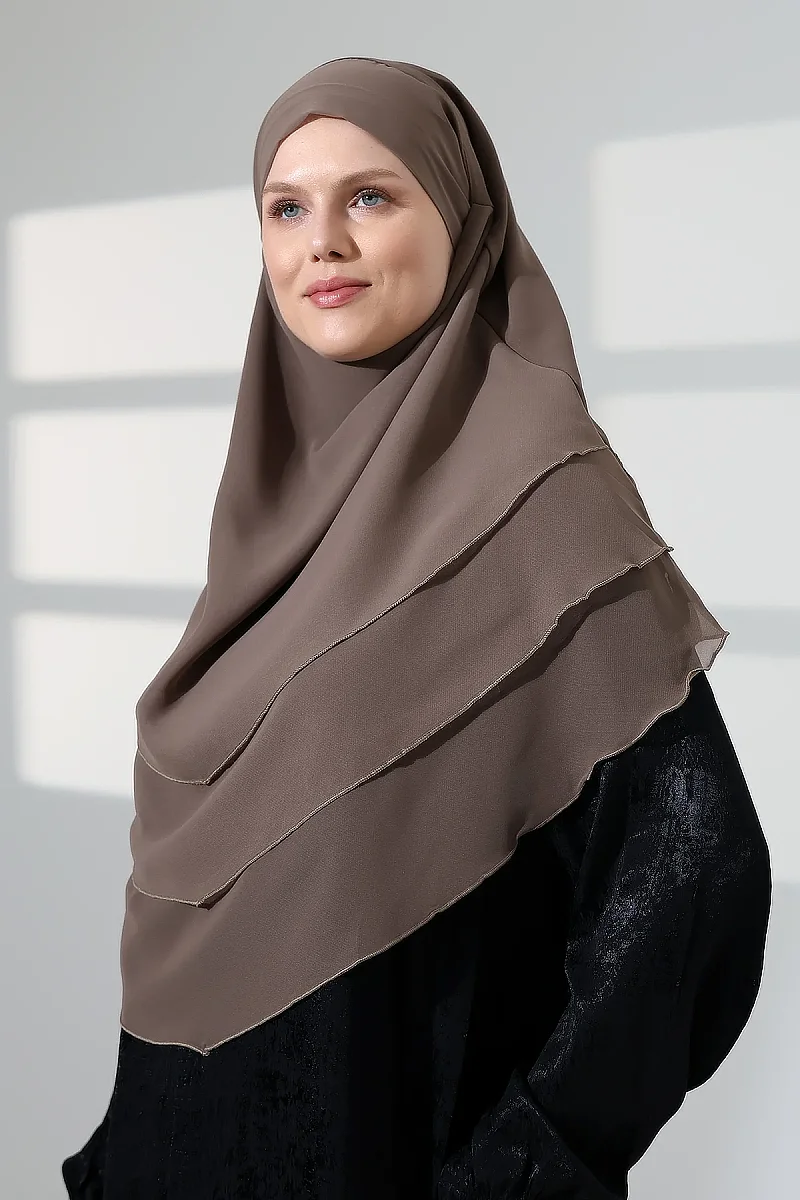 Tesettür Şifon Peçeli Üç Katlı Oval Sufle Khimar, Pratik Hijab Şal - Vizon (ZN1704) - 7
