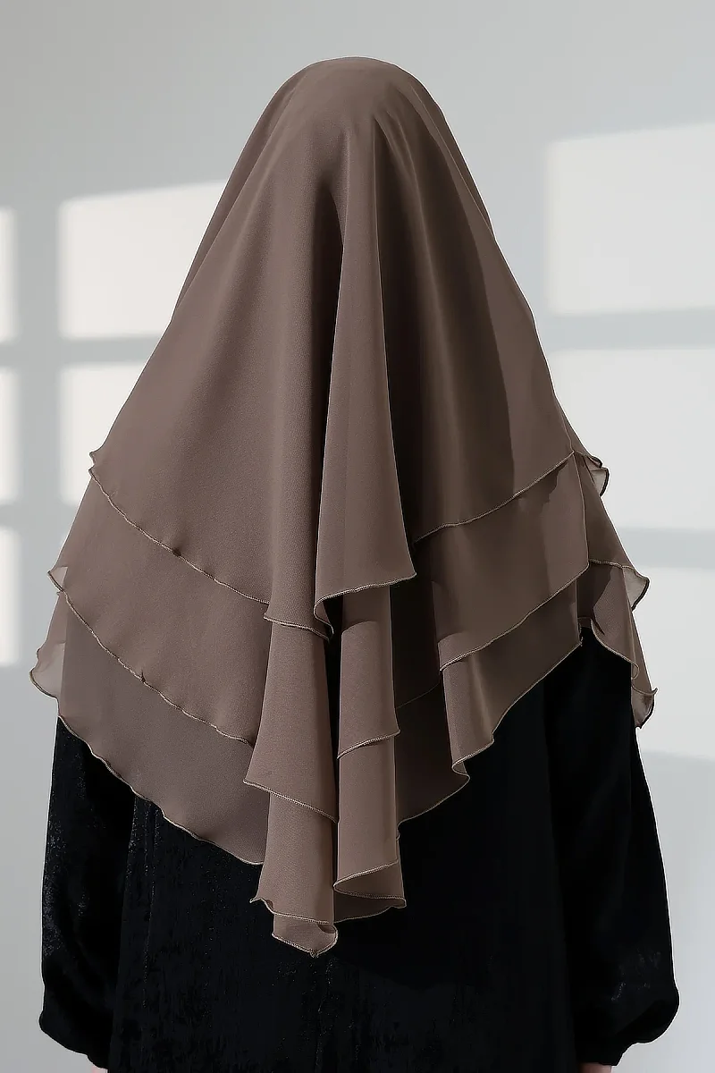 Tesettür Şifon Peçeli Üç Katlı Oval Sufle Khimar, Pratik Hijab Şal - Vizon (ZN1704) - 8