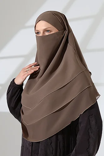 Şifon Peçeli Üç Katlı Oval Sufle Khimar, Pratik Hijab Şal - Vizon (ZN1704) 