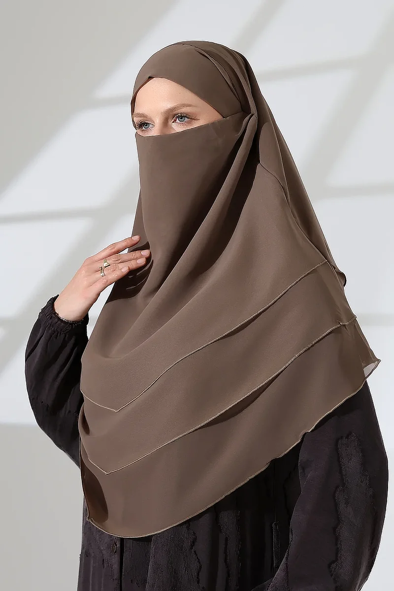 Şifon Peçeli Üç Katlı Oval Sufle Khimar, Pratik Hijab Şal - Vizon (ZN1704) - 1