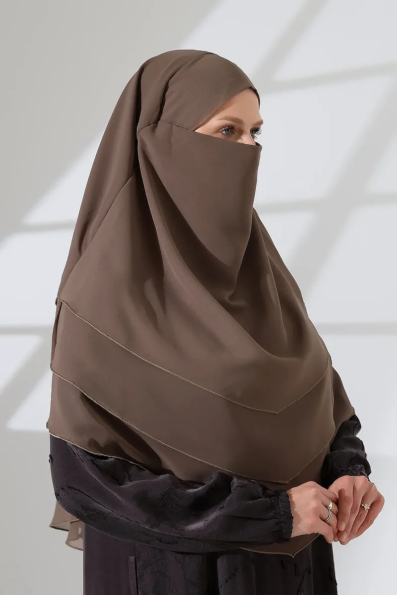 Şifon Peçeli Üç Katlı Oval Sufle Khimar, Pratik Hijab Şal - Vizon (ZN1704) - 12