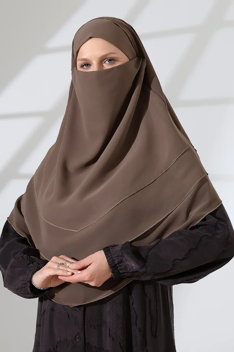 Şifon Peçeli Üç Katlı Oval Sufle Khimar, Pratik Hijab Şal - Vizon (ZN1704) - 4