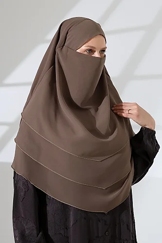 Şifon Peçeli Üç Katlı Oval Sufle Khimar, Pratik Hijab Şal - Vizon (ZN1704) - 5