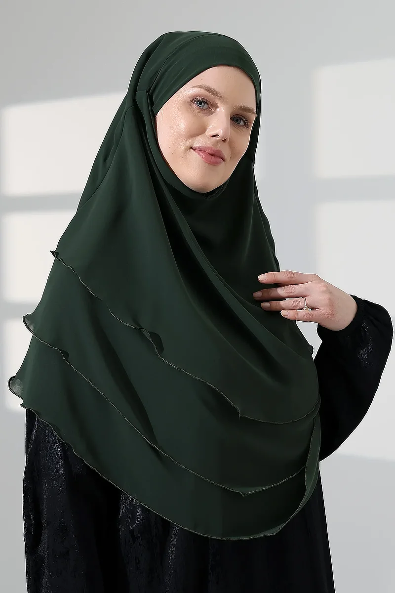 Tesettür Şifon Peçeli Üç Katlı Oval Sufle Khimar, Pratik Hijab Şal - Zümrüt (ZN1704) - 3