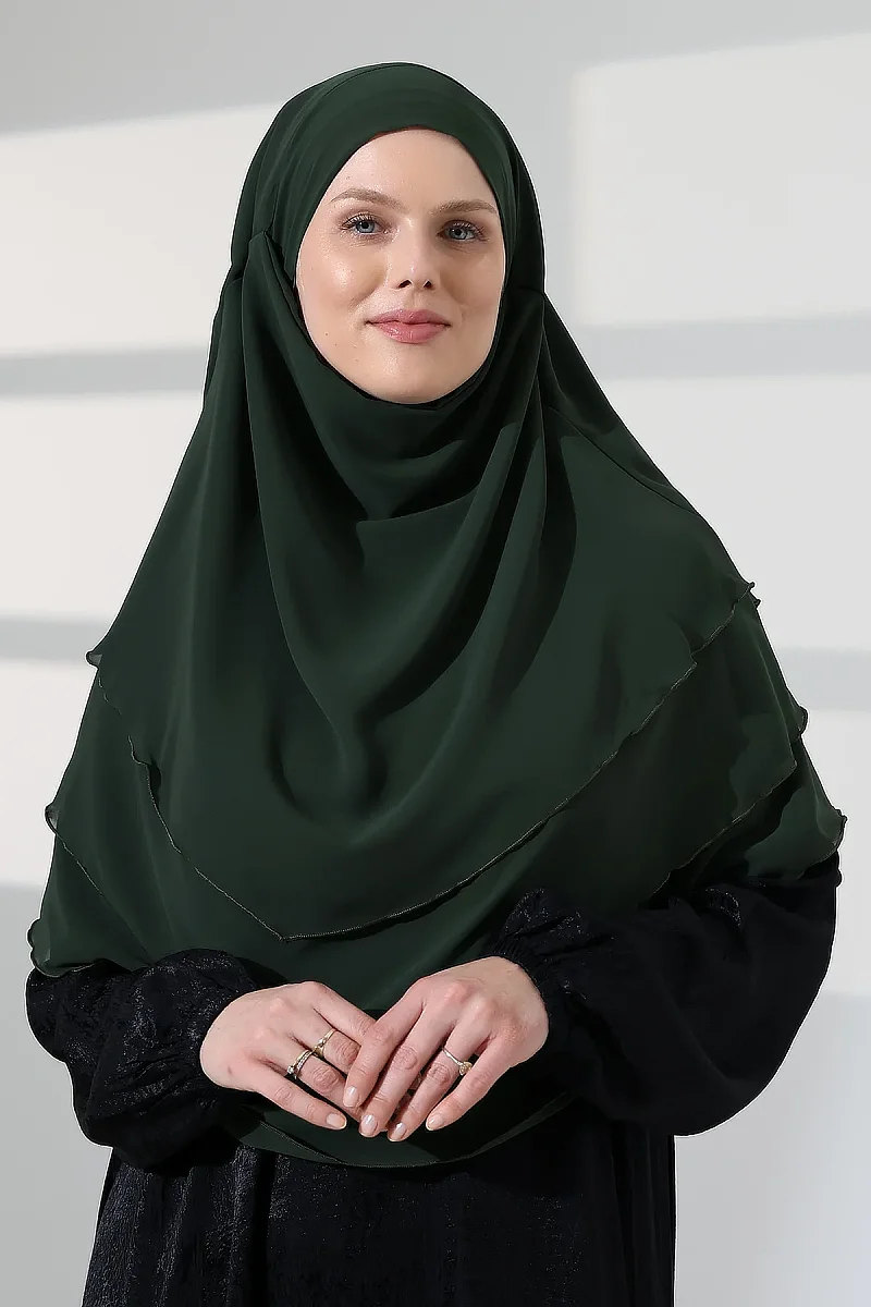 Tesettür Şifon Peçeli Üç Katlı Oval Sufle Khimar, Pratik Hijab Şal - Zümrüt (ZN1704) - 2