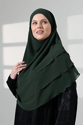 Tesettür Şifon Peçeli Üç Katlı Oval Sufle Khimar, Pratik Hijab Şal - Zümrüt (ZN1704) 