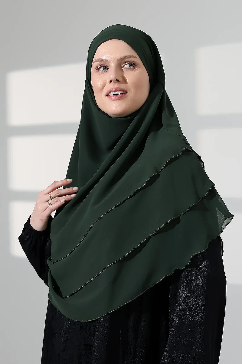Tesettür Şifon Peçeli Üç Katlı Oval Sufle Khimar, Pratik Hijab Şal - Zümrüt (ZN1704) - 1
