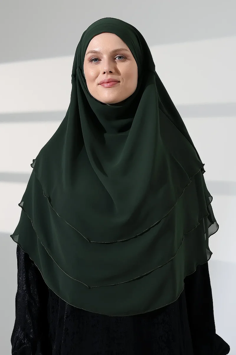 Tesettür Şifon Peçeli Üç Katlı Oval Sufle Khimar, Pratik Hijab Şal - Zümrüt (ZN1704) - 4